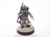 Miniature 28mm Painted Post Apocalypt Prospector Figure 112 carrying shovel, pick ax, and backpack wearing gas mask for Stargrave Five Parsecs Kitbash