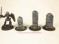 Set of 3 miniature graveyard headstone monuments T1541 for 25-28mm scale table top wargames and role-playing games.
