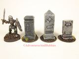 Set of 3 miniature graveyard headstone monuments T1543 for 25-28mm scale table top wargames and role-playing games.
